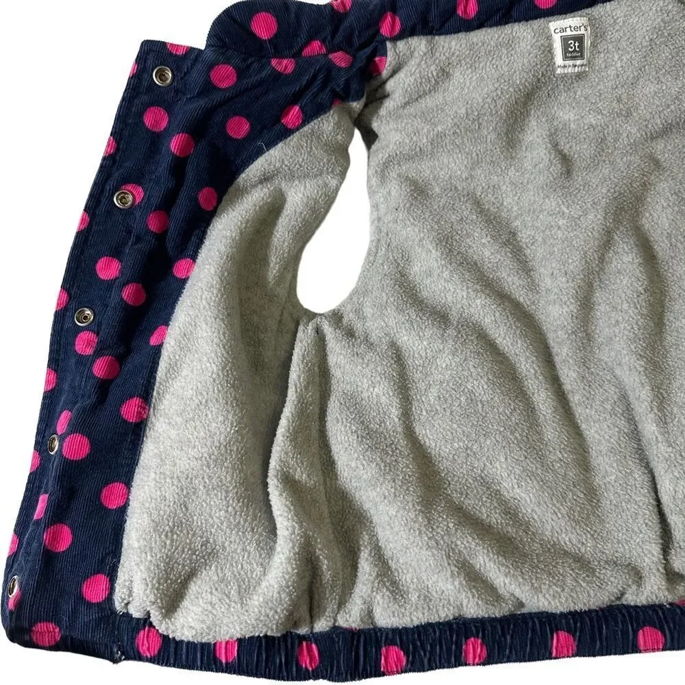 Carter's Navy Corduroy Fleece Lined Vest With Pink Polka Dots Size 3T